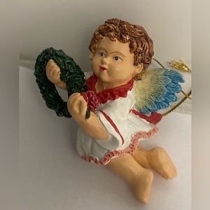 Vintage Cherub Christmas Angel Holiday Ornament wreath rosebud baby angel wings